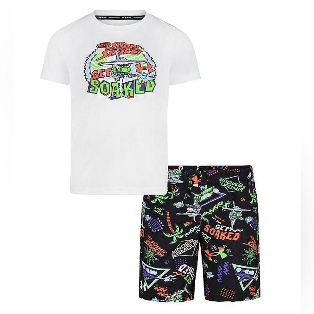 NEW Little Boy Nerf Under Armour Rashguard & Neon Accent Swim Trunks Set